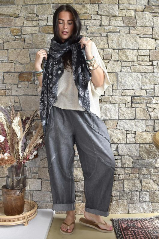 Rustic Nature Linen Blend Barrel Pant Washed Charcoal